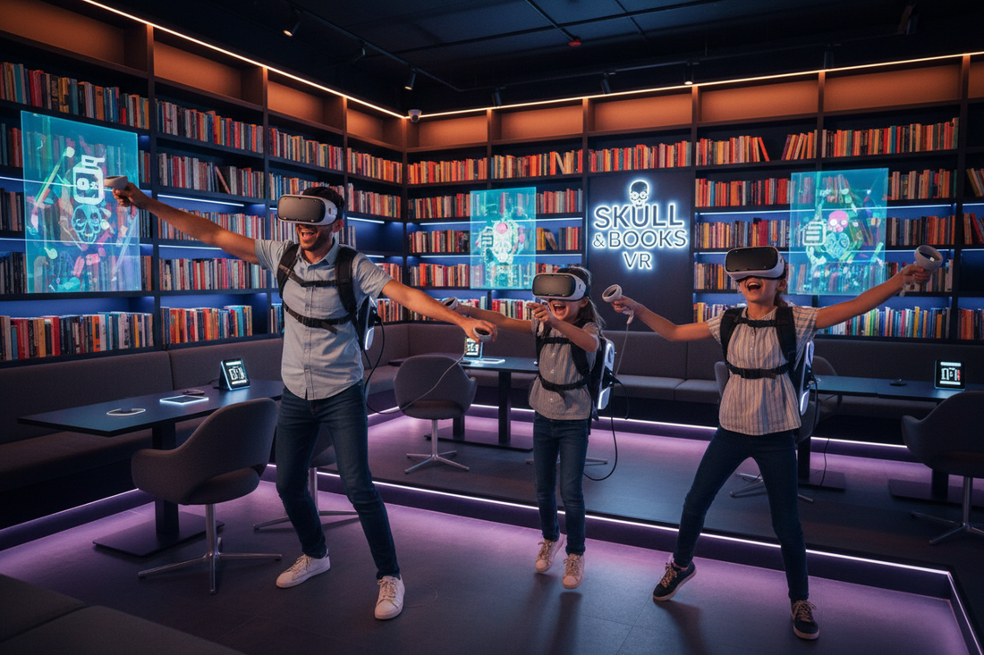 AI Generated image of family vacation at Skull & Books VR