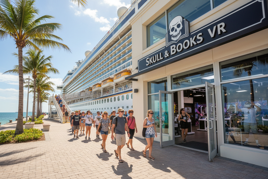 generated image cruise ship, people walking into skull & books vr