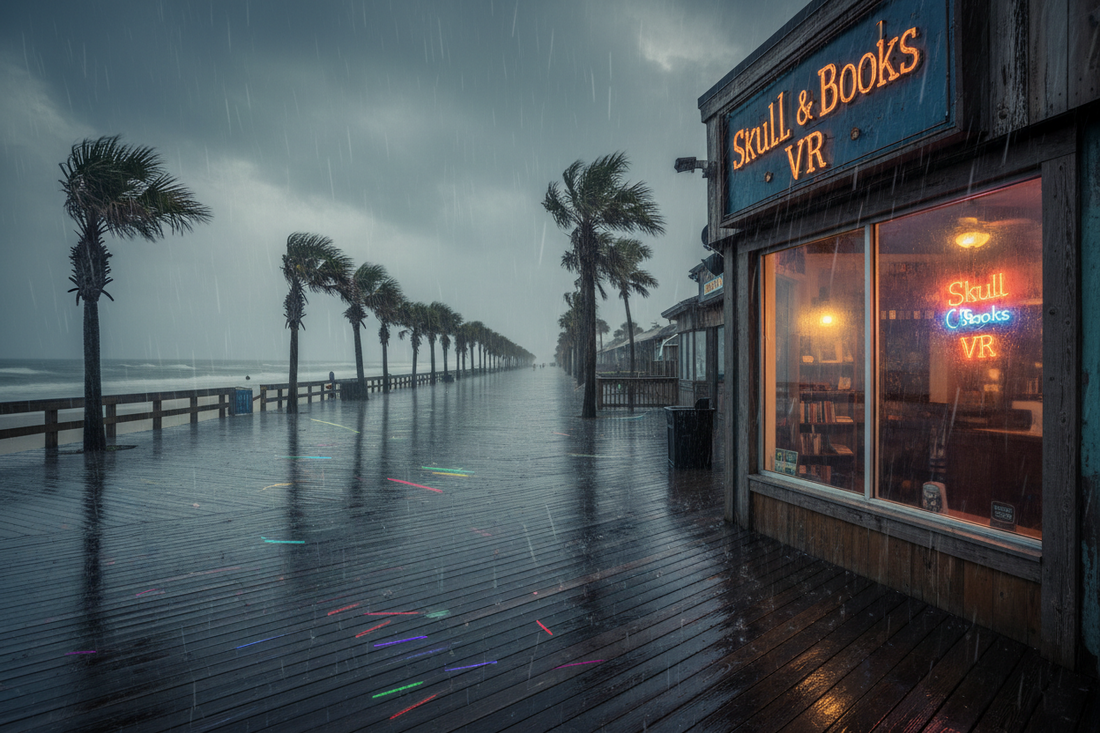 AI generated image of skull & books VR on a rainy day