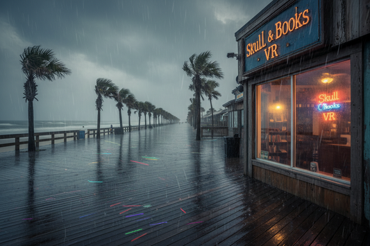 AI generated image of skull & books VR on a rainy day