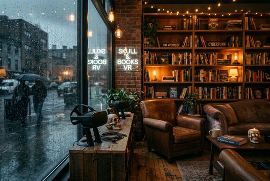 AI Generated image Skull & Books VR rainy day