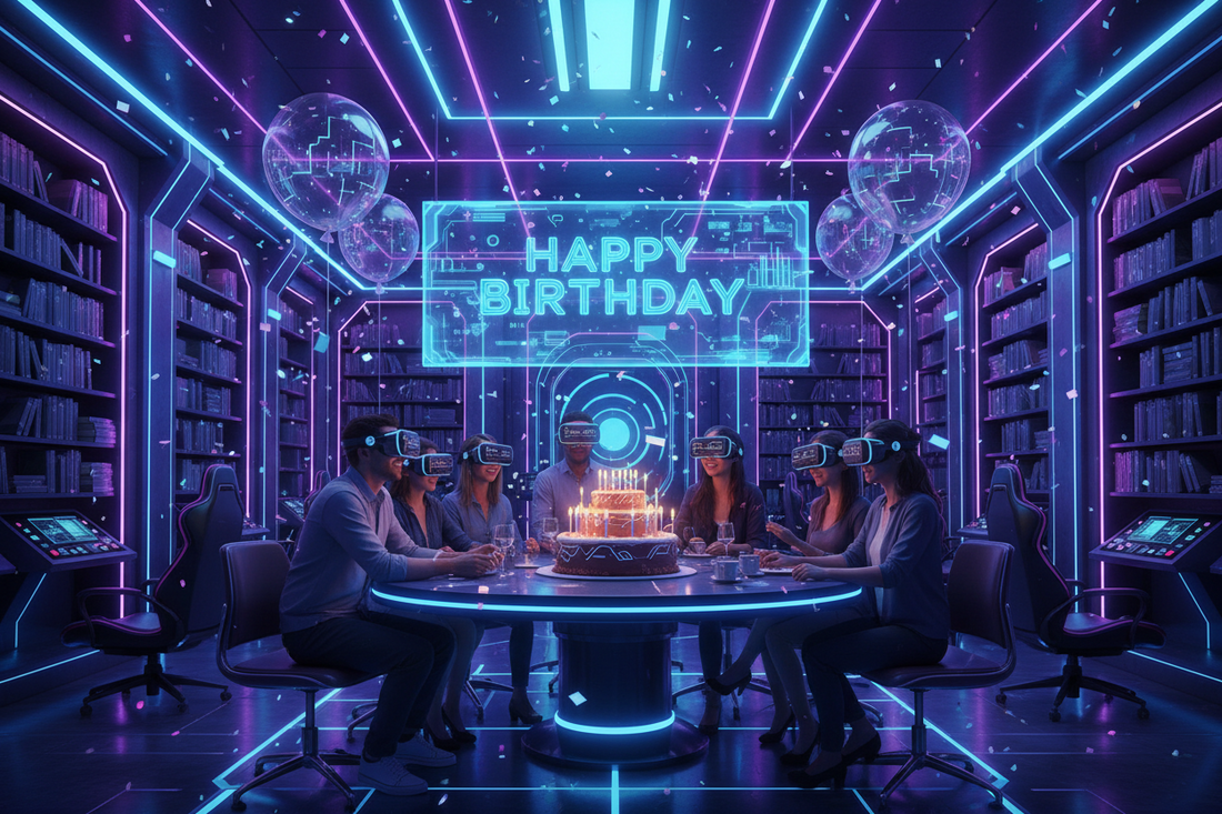 AI generated image of happy birthday and people in headsets