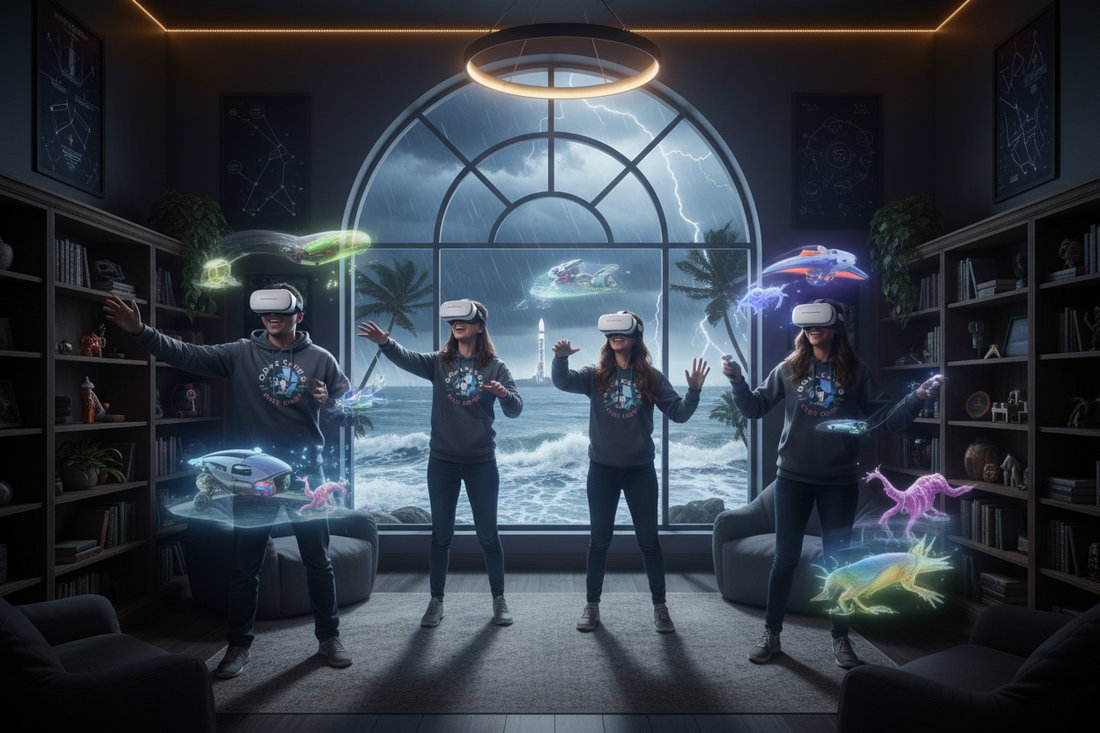 AI generated image, group playing VR with bad weather outside. 