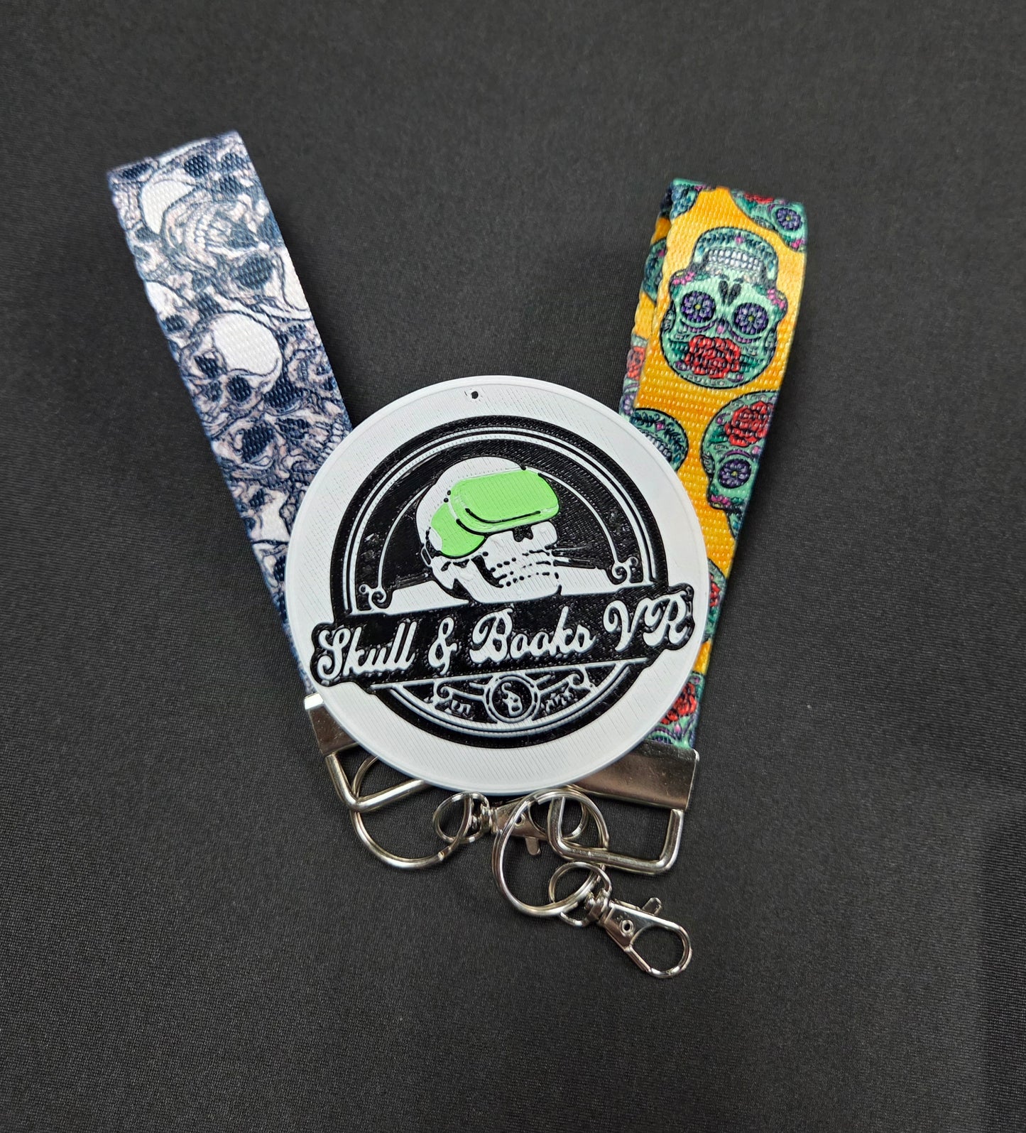 wristlet keychain and Skull & Books VR Logo